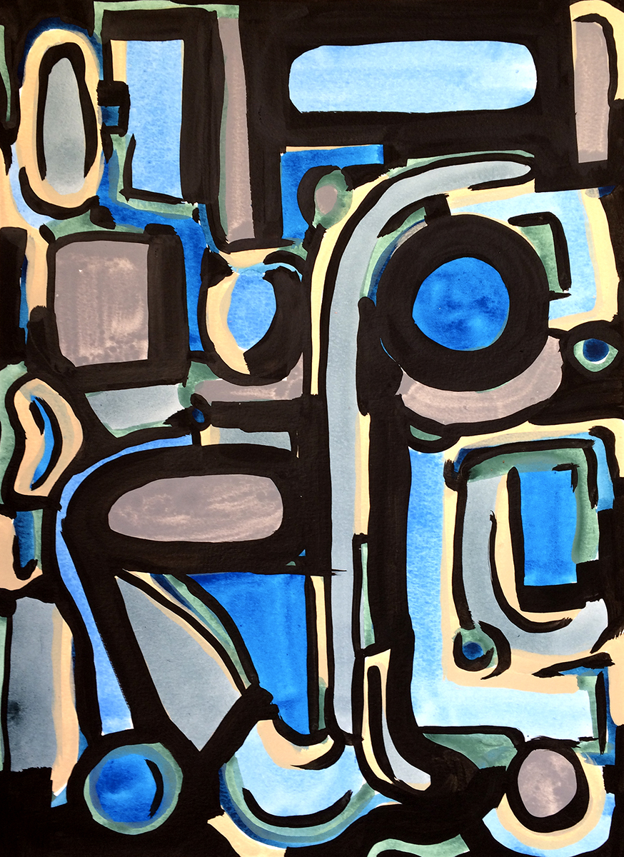 Bleu (série _Les Labyrinthes)-acrylique sur papier-30×40 cm-2019